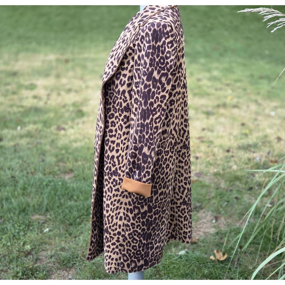 Zara Leopard Faux Suede Duster Jacket M Long Open Front Animal Print Coat - Picture 6 of 10